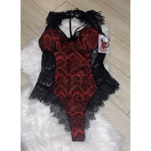 Dreamgirl High Neck Eyelash Lace Collared Teddy Bodysuit 10537 L Large Red Black - Picture 3 of 7